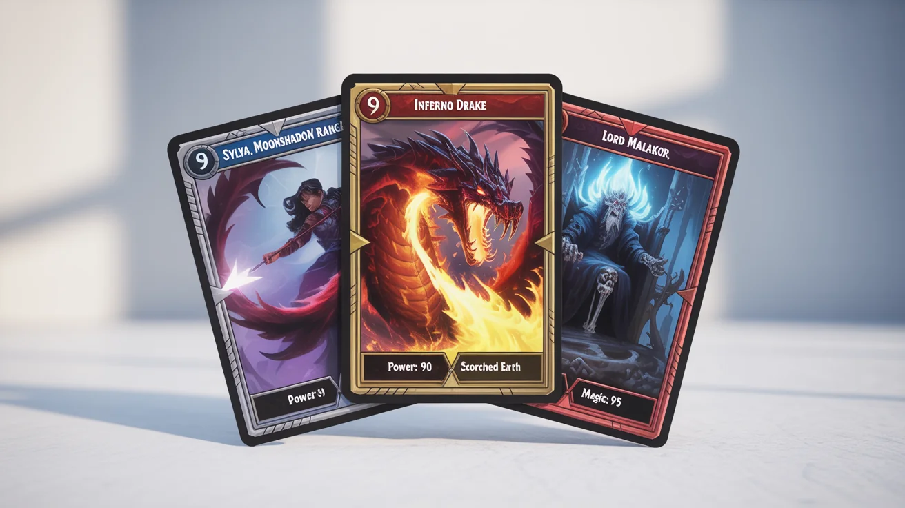 A mockup of three fantasy game cards fanned out on a white background, featuring detailed illustrations of a dragon, an elven archer, and a lich king, each with unique stats and names.
