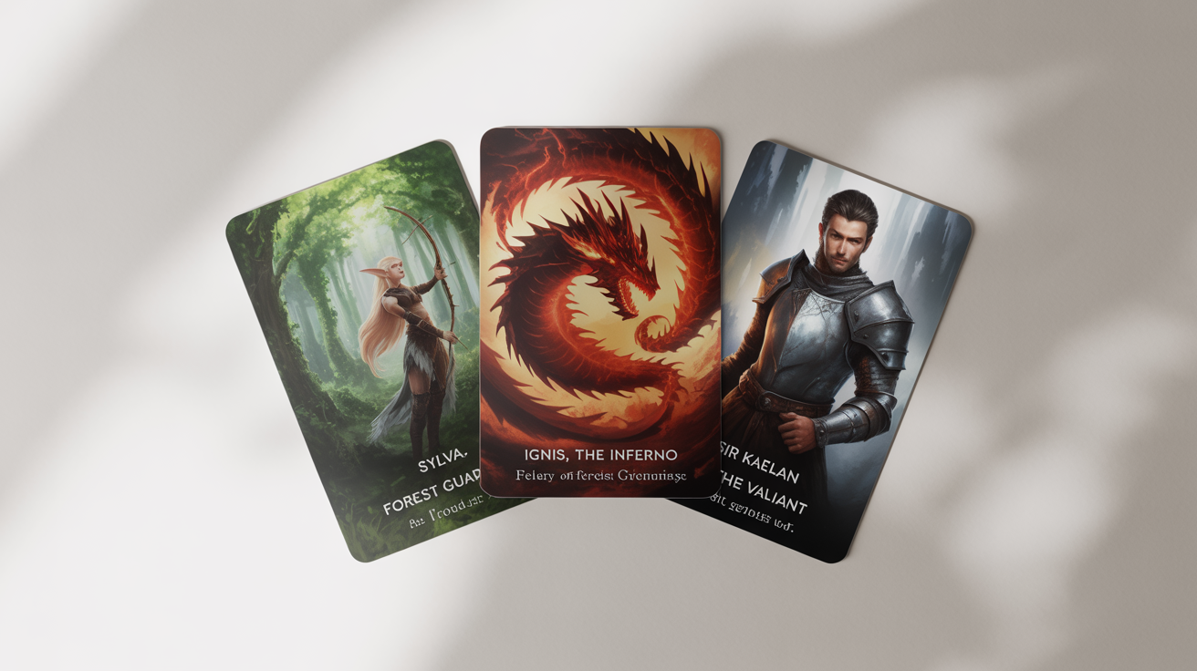A mockup of three fantasy trading cards fanned out on a white background, featuring illustrations of a dragon, an elf archer, and a knight with fictional names and stats.