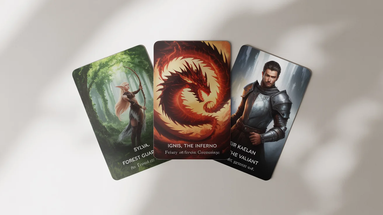 A mockup of three fantasy trading cards fanned out on a white background, featuring illustrations of a dragon, an elf archer, and a knight with fictional names and stats.