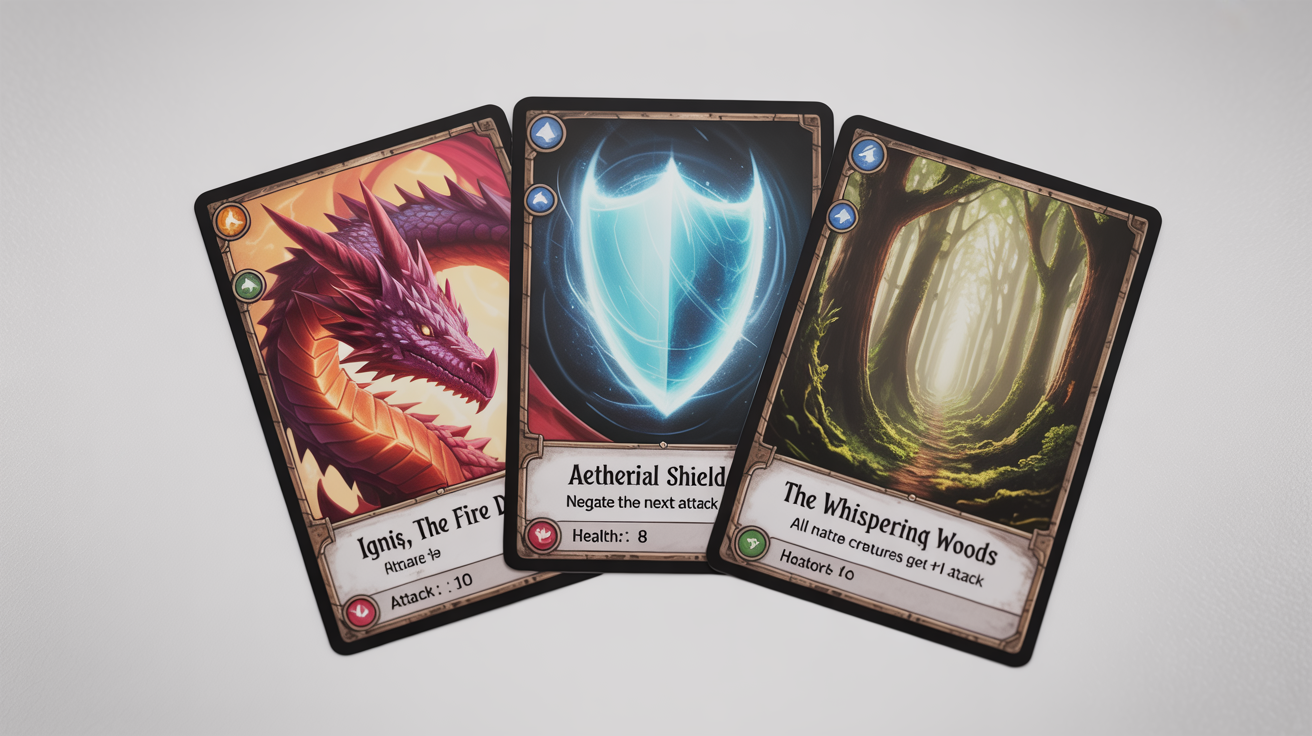 A mockup of three beautifully illustrated fantasy game cards fanned out on a white background, featuring a dragon, a magic shield spell, and an enchanted forest location.