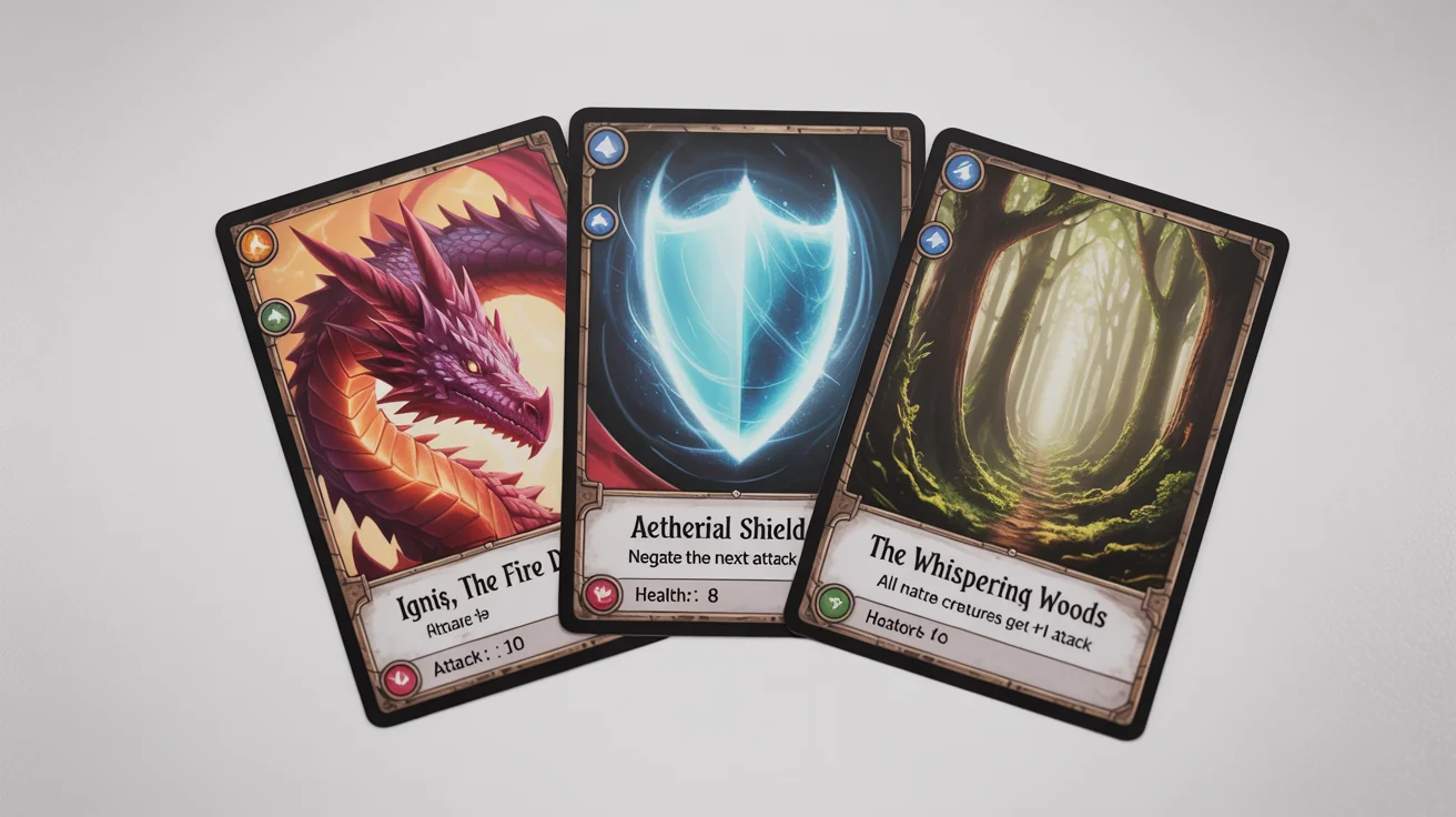 A mockup of three beautifully illustrated fantasy game cards fanned out on a white background, featuring a dragon, a magic shield spell, and an enchanted forest location.