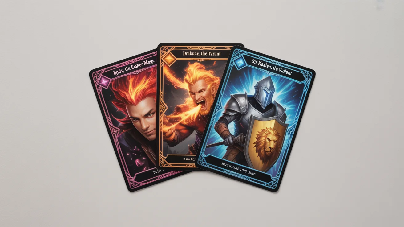 A mockup of three fantasy trading cards fanned out on a white background, featuring detailed illustrations of a mage, a dragon, and a knight with fictional names and stats.