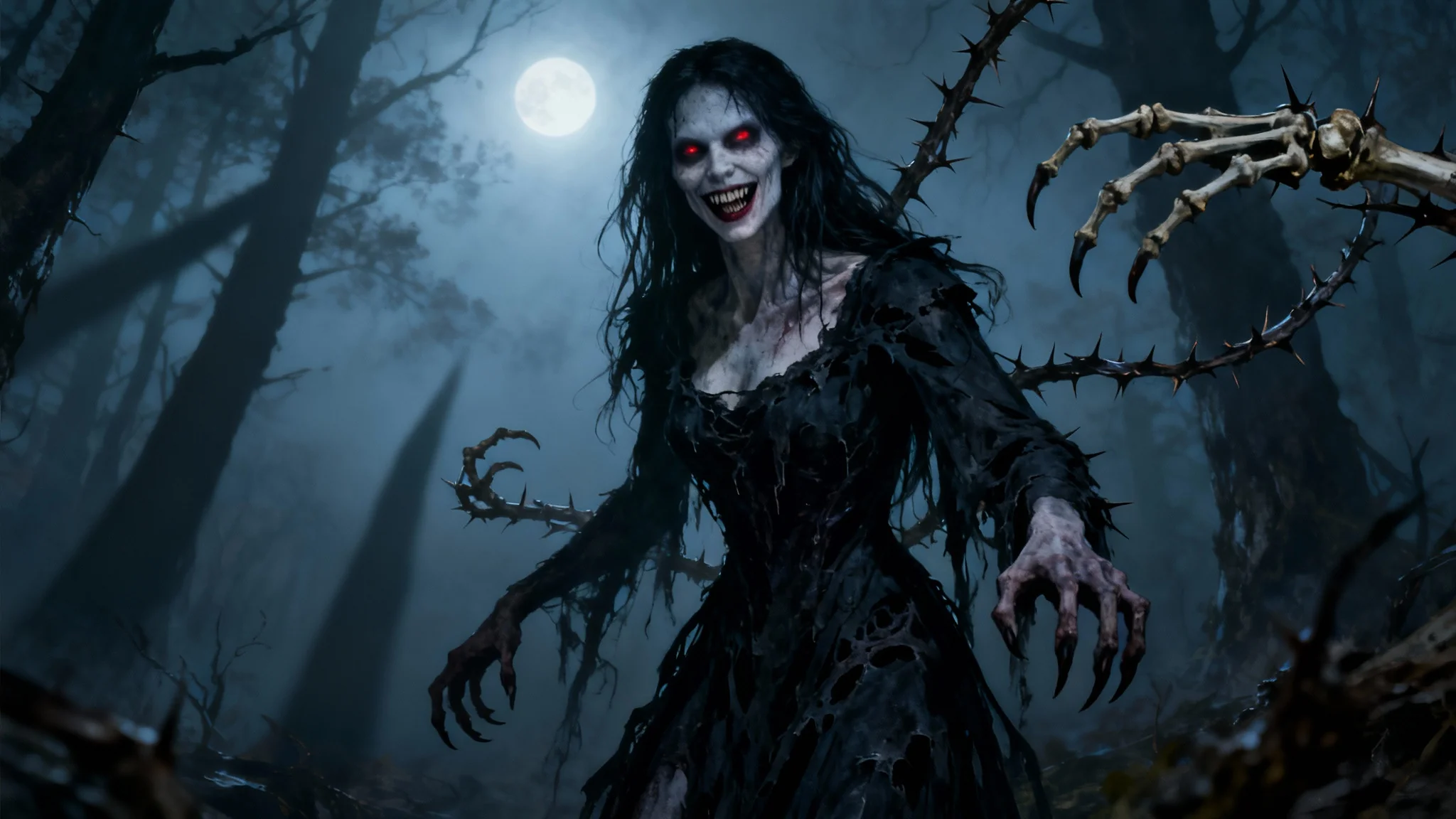 A cinematic, hyper-realistic depiction of a terrifying female horror character with glowing red eyes and a wide, sharp-toothed smile, emerging from a dark, foggy forest at night.