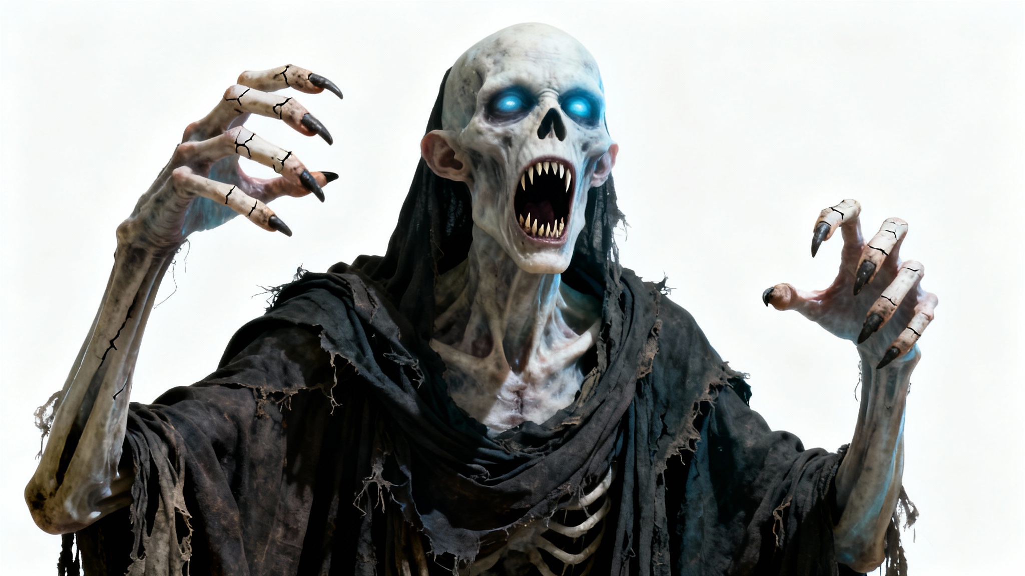 A full-body concept art image of a terrifying horror character. The tall, pale figure has glowing blue eyes and a wide, screaming mouth, standing against a plain white background with dramatic shadows.