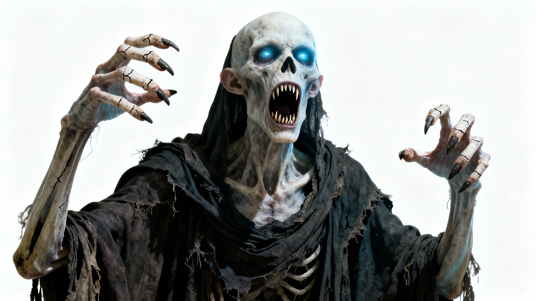 A full-body concept art image of a terrifying horror character. The tall, pale figure has glowing blue eyes and a wide, screaming mouth, standing against a plain white background with dramatic shadows.