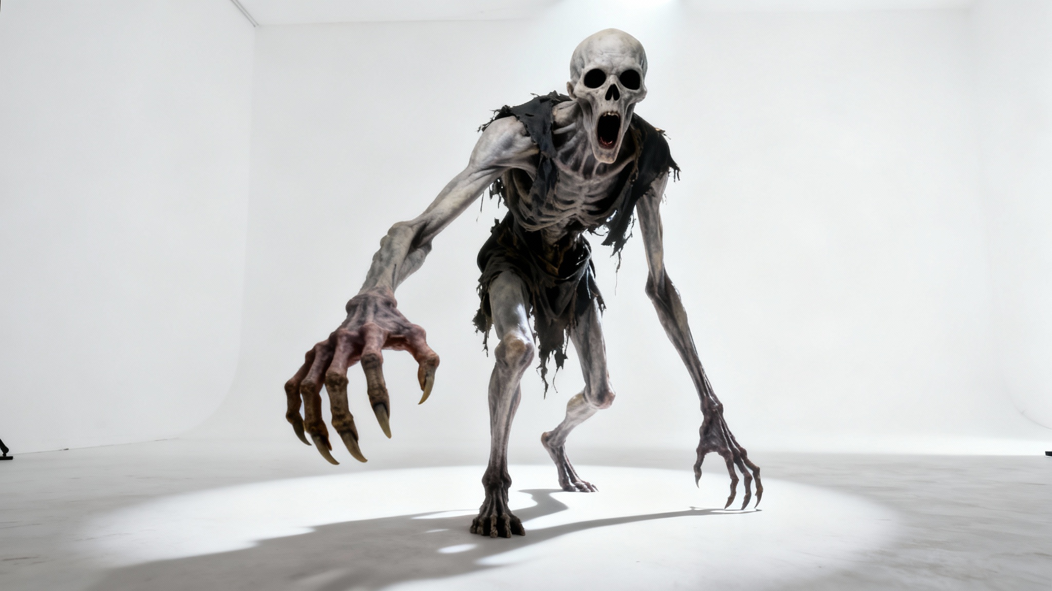A photorealistic mockup of a tall, terrifying horror character with pale skin and long limbs, reaching towards the viewer against a plain white background.