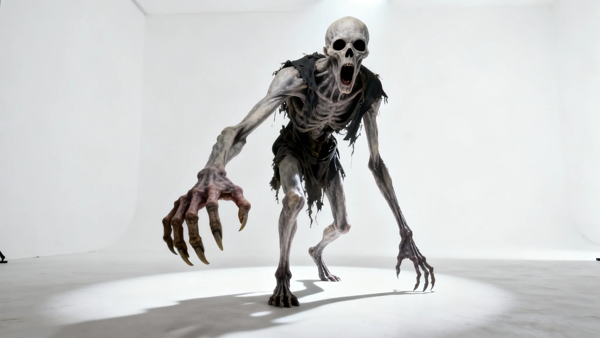 A photorealistic mockup of a tall, terrifying horror character with pale skin and long limbs, reaching towards the viewer against a plain white background.