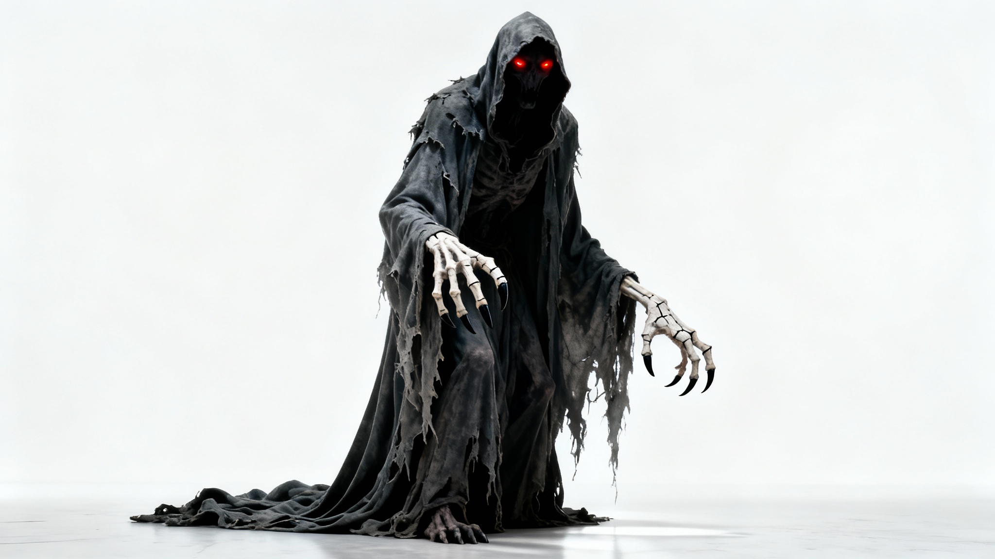 A full-body concept art mockup of a terrifying, shadowy horror character with glowing red eyes and skeletal hands, standing against a plain white background.