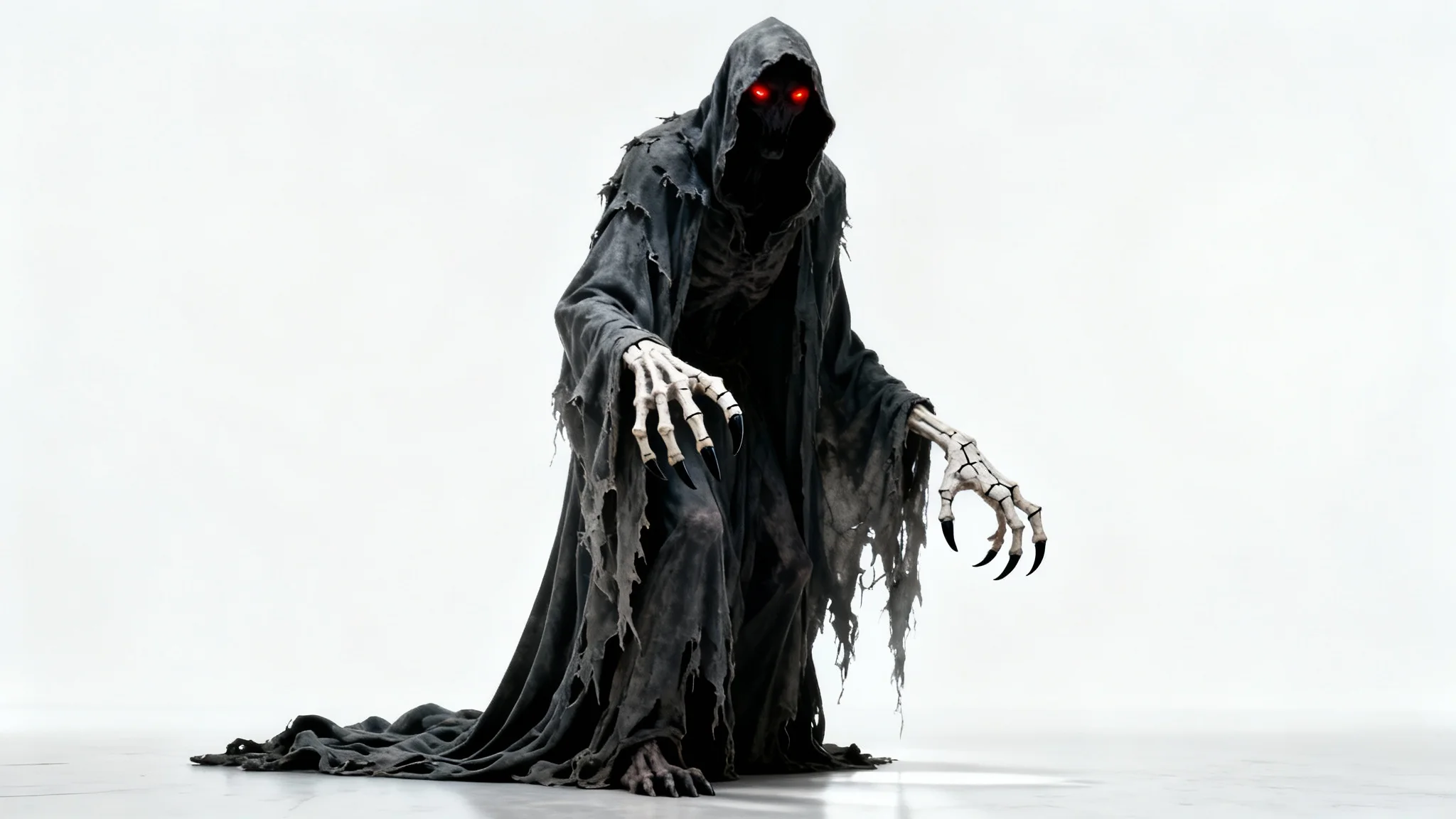 A full-body concept art mockup of a terrifying, shadowy horror character with glowing red eyes and skeletal hands, standing against a plain white background.