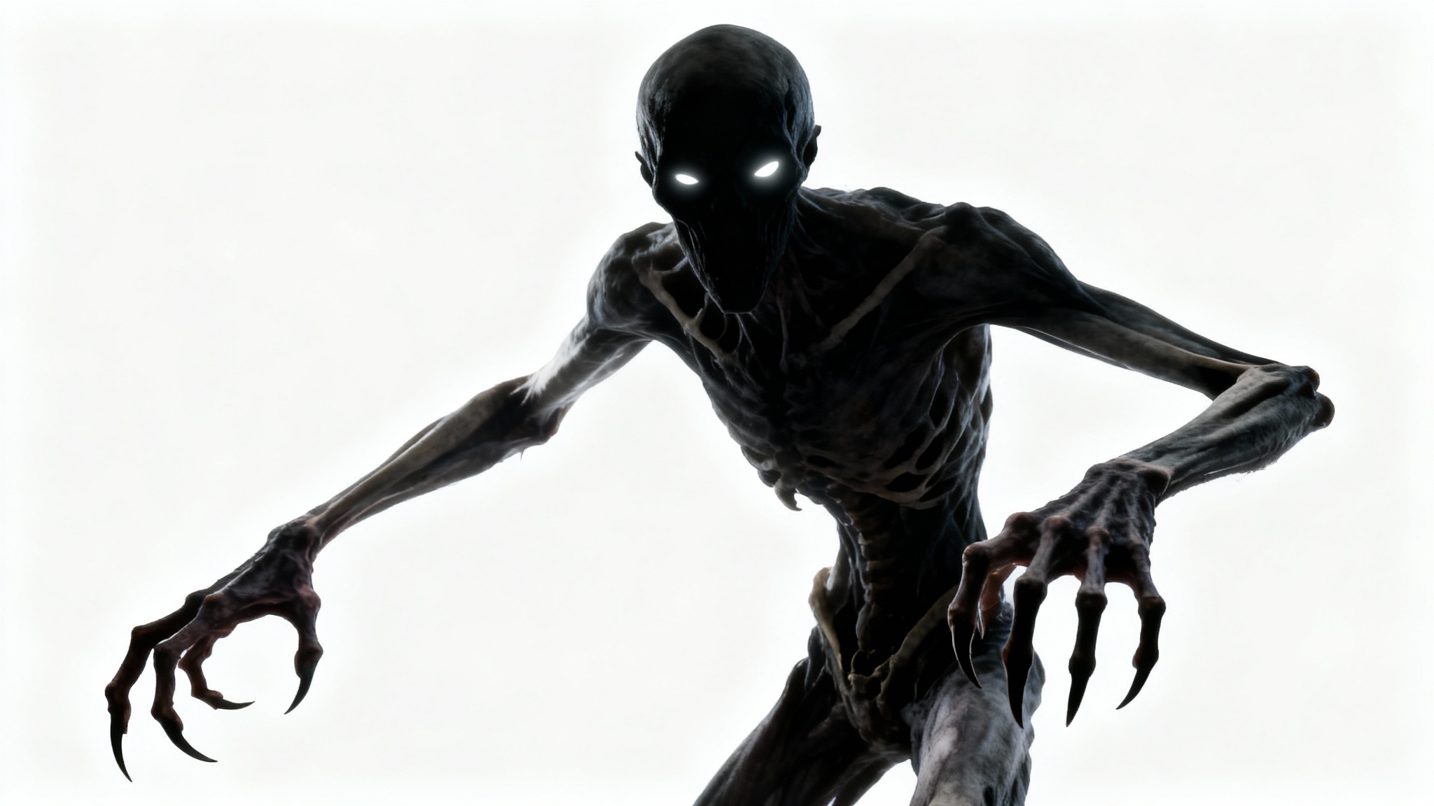 A photorealistic mockup of a terrifying, gaunt horror character with glowing white eyes and long limbs, standing against a stark white background.