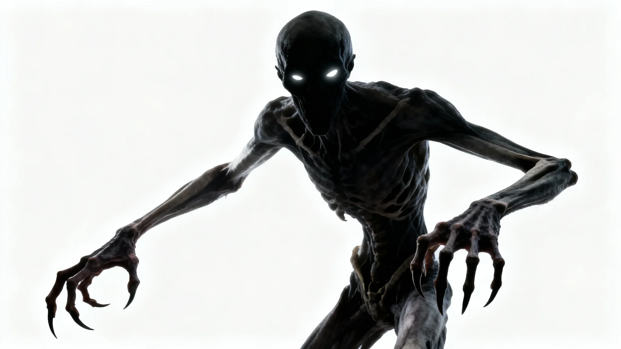 A photorealistic mockup of a terrifying, gaunt horror character with glowing white eyes and long limbs, standing against a stark white background.