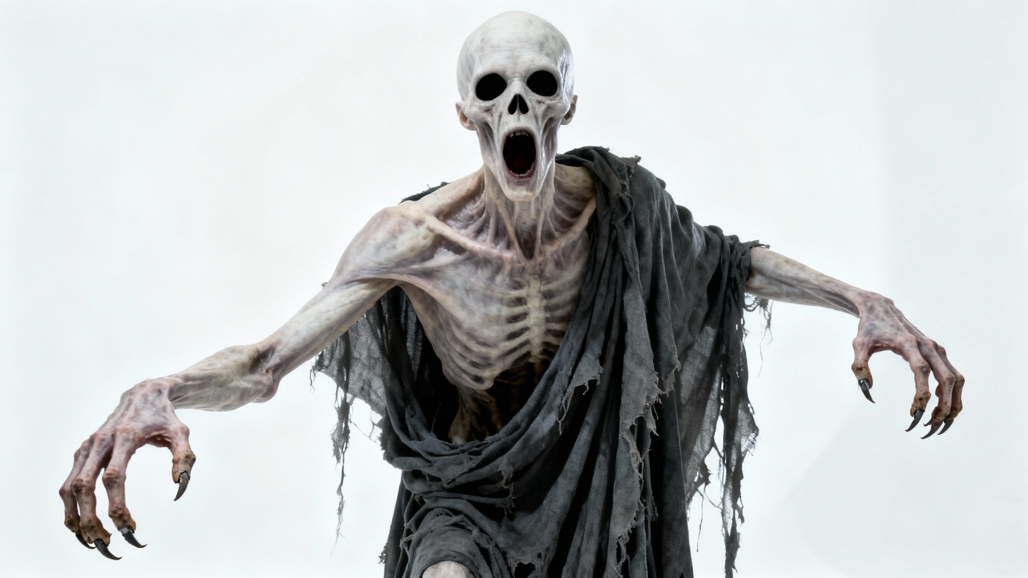 A hyperrealistic mockup of a tall, skeletal horror character with pale skin, black eyes, and a screaming mouth, reaching towards the camera against a stark white background.