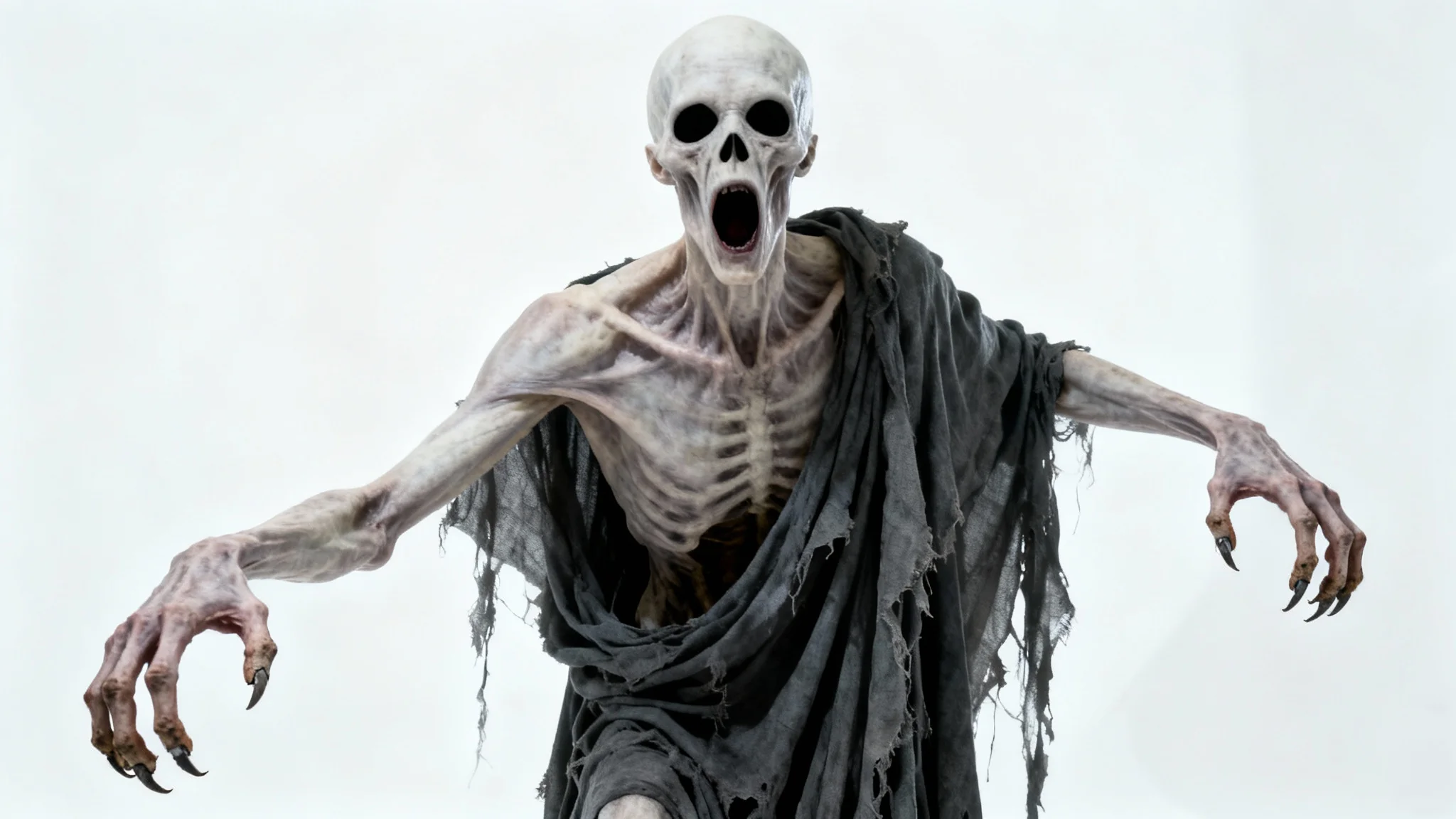 A hyperrealistic mockup of a tall, skeletal horror character with pale skin, black eyes, and a screaming mouth, reaching towards the camera against a stark white background.