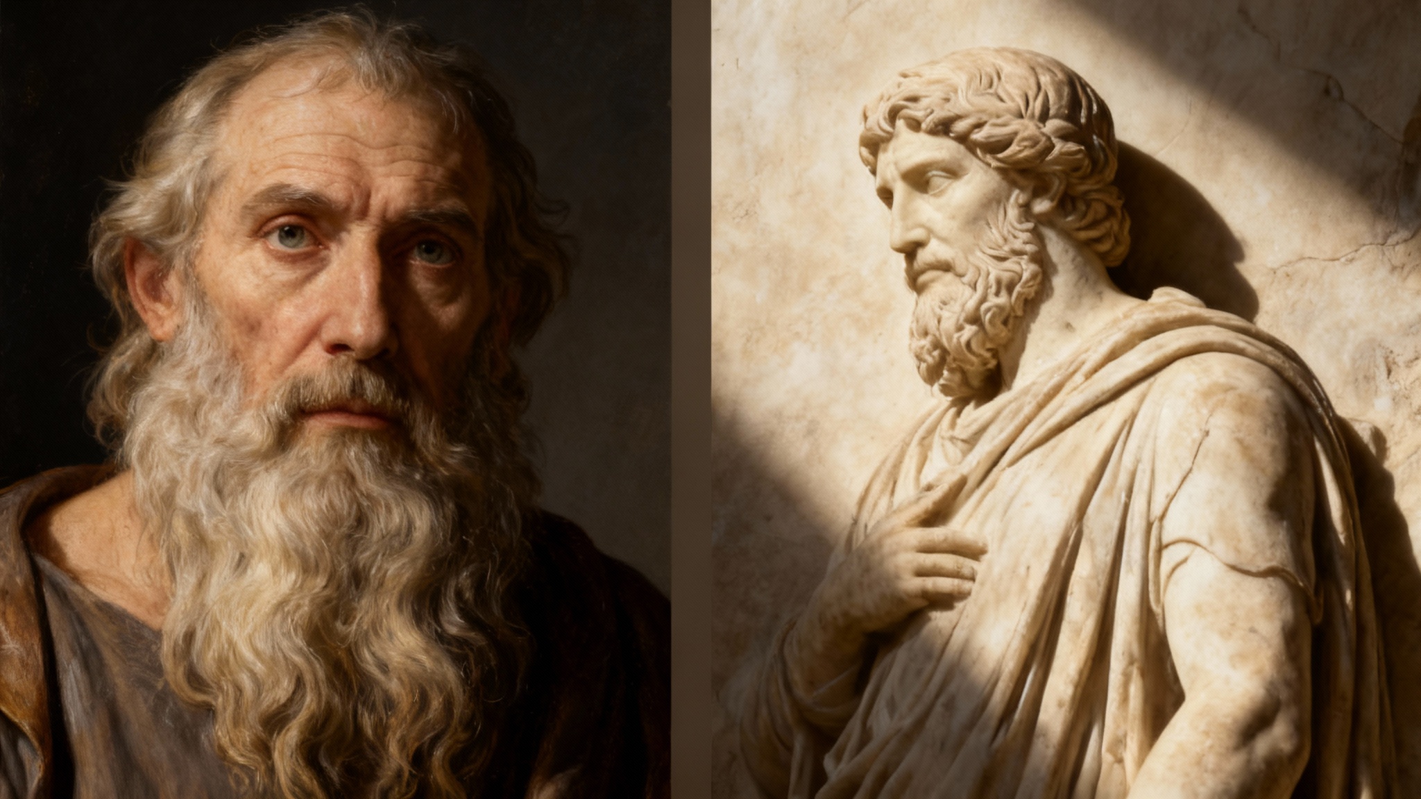 A before-and-after image showing a photo of a Greek philosopher on the left and a stunningly realistic marble bas-relief sculpture of the same photo on the right, demonstrating an image-to-sculpture effect.