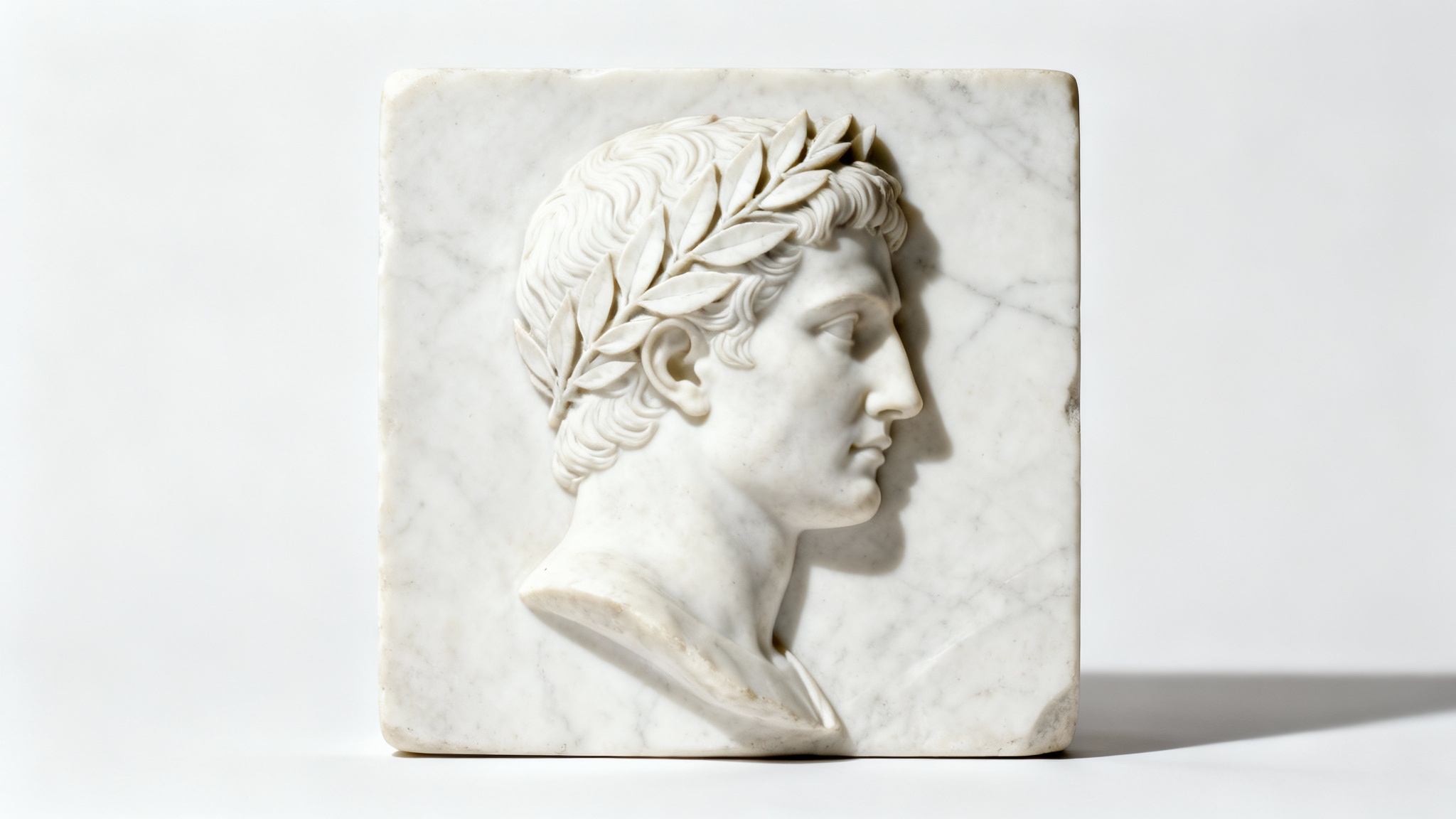 A photorealistic bas-relief sculpture of a Roman emperor in profile, carved from white marble and set against a stark white background.
