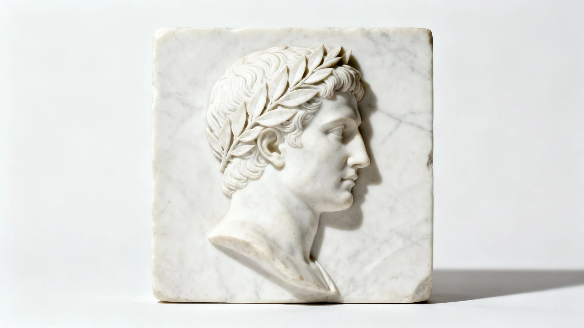 A photorealistic bas-relief sculpture of a Roman emperor in profile, carved from white marble and set against a stark white background.