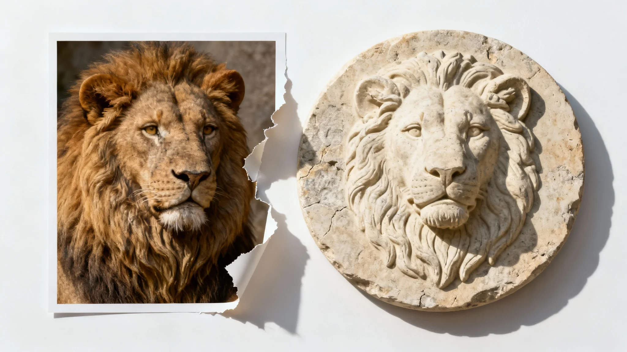 A side-by-side comparison showing a color photo of a lion's head on the left and a stone bas-relief sculpture of the same lion on the right, demonstrating an image-to-relief transformation.