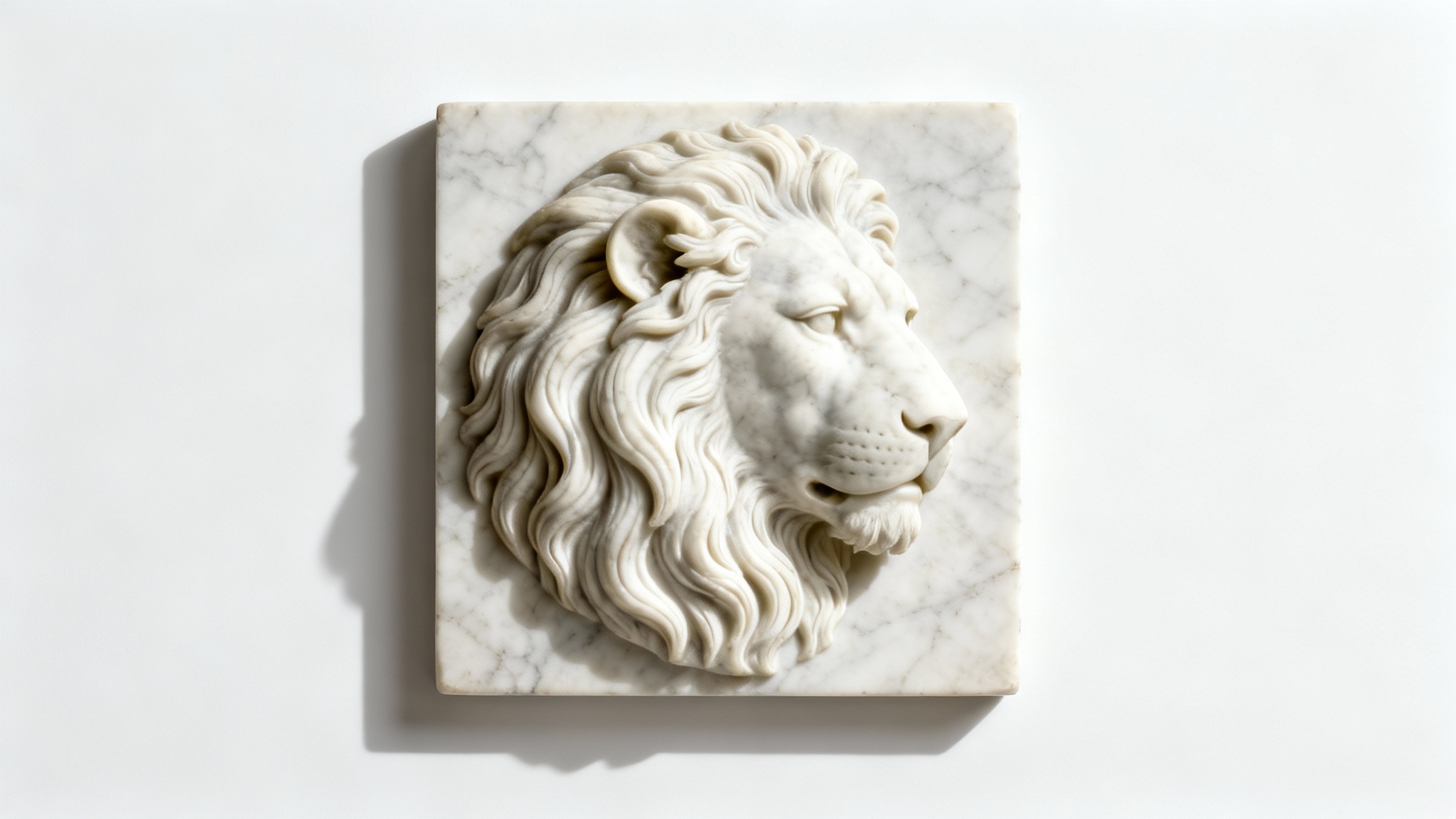 A photorealistic bas-relief sculpture of a lion's head in profile, carved from off-white marble and set against a plain white background.
