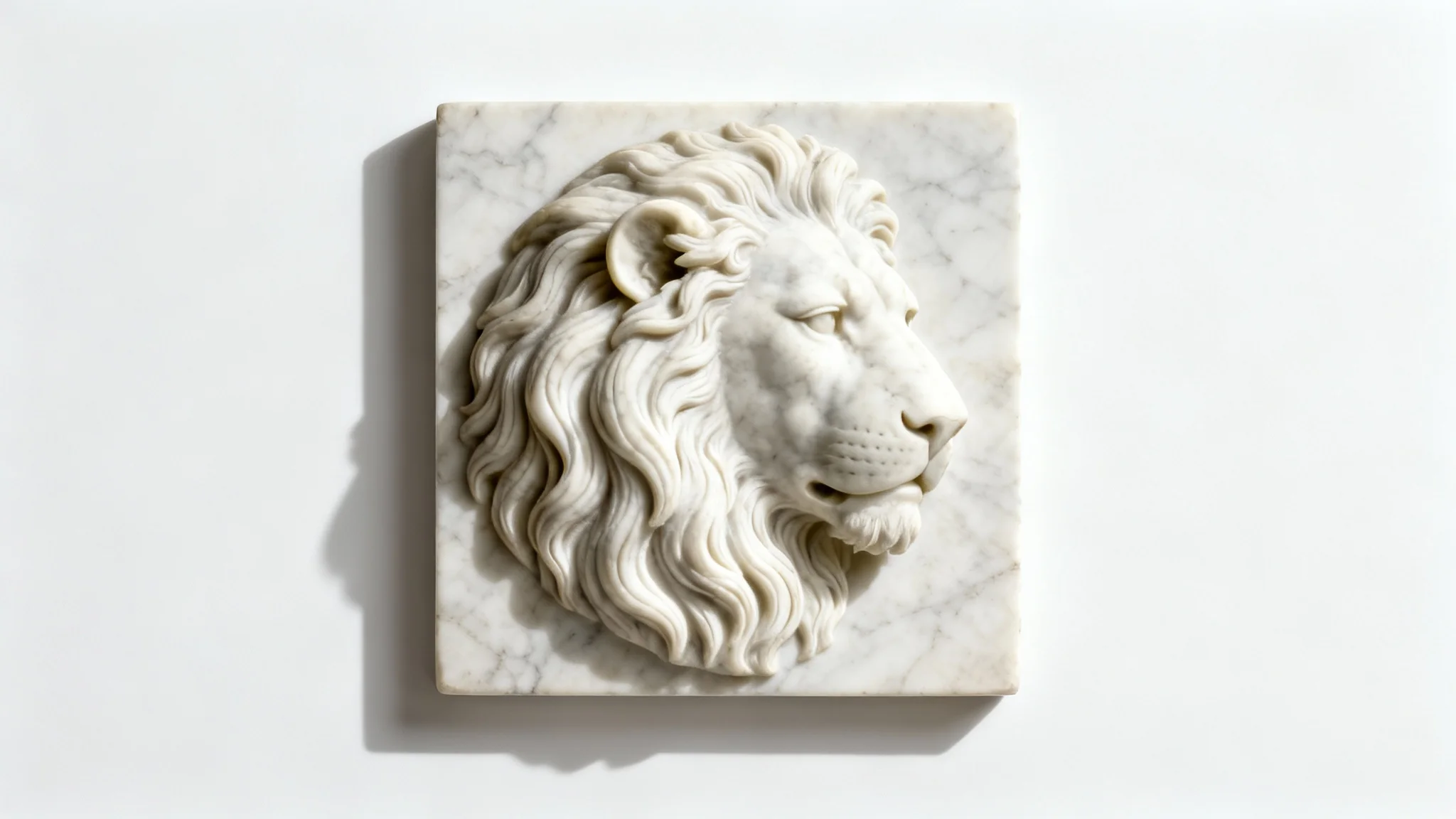 A photorealistic bas-relief sculpture of a lion's head in profile, carved from off-white marble and set against a plain white background.