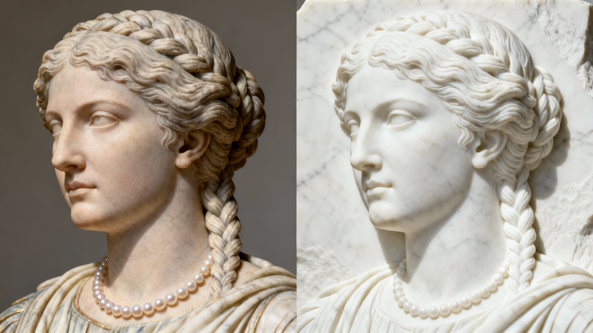 A side-by-side comparison showing a color photograph of a Roman woman on the left, and its transformation into a white marble bas-relief sculpture on the right, against a clean white background.