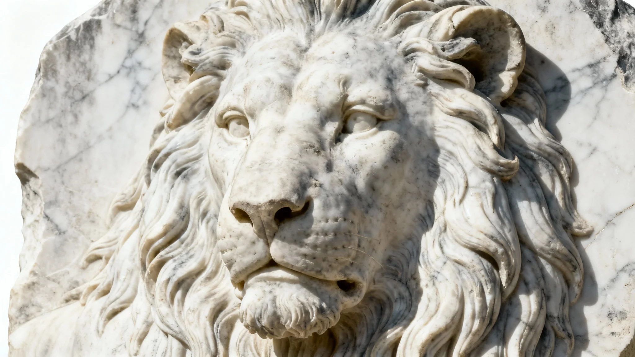 A detailed bas-relief sculpture of a lion's head carved in white marble, shown against a plain white background with dramatic side lighting highlighting the texture.