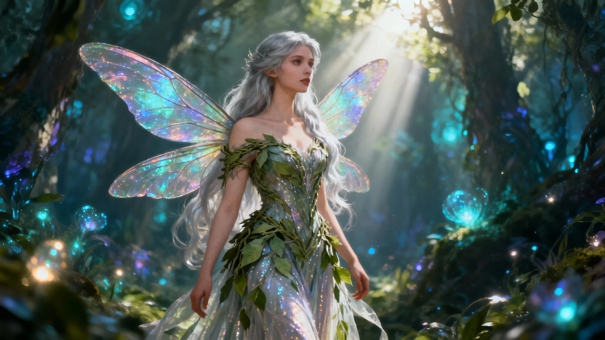 A stunning digital painting of an ethereal fairy princess with silver hair and iridescent wings standing in a magical, glowing forest.