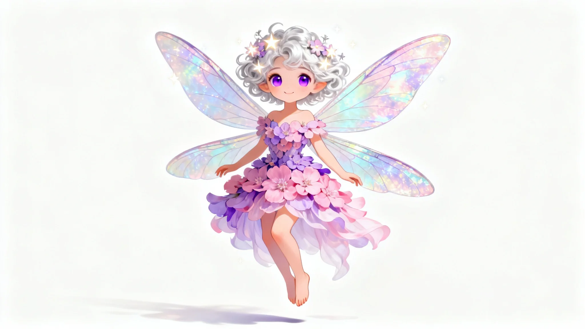 A full-body digital illustration of a beautiful fairy with iridescent wings, silver hair, and a petal dress, floating against a solid white background.