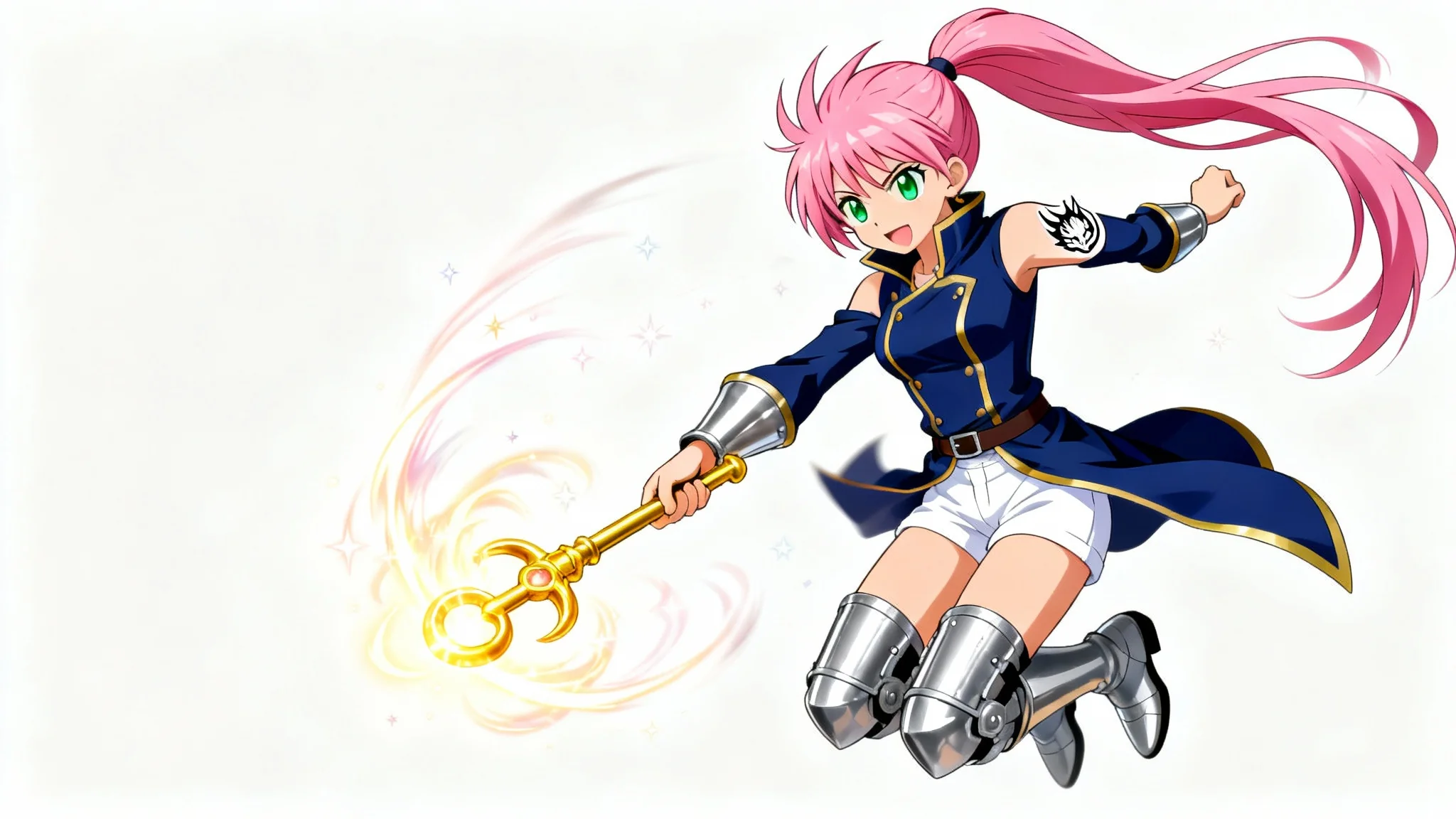 A full-body digital illustration of an original female anime character in the style of Fairy Tail, leaping energetically against a clean white background.