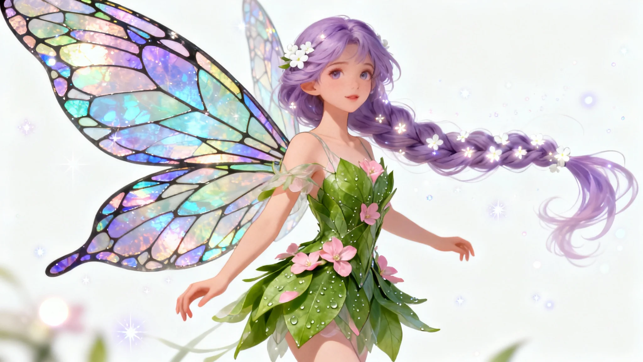 A beautifully illustrated fairy tale character with shimmering iridescent wings and lavender hair, floating against a white background.