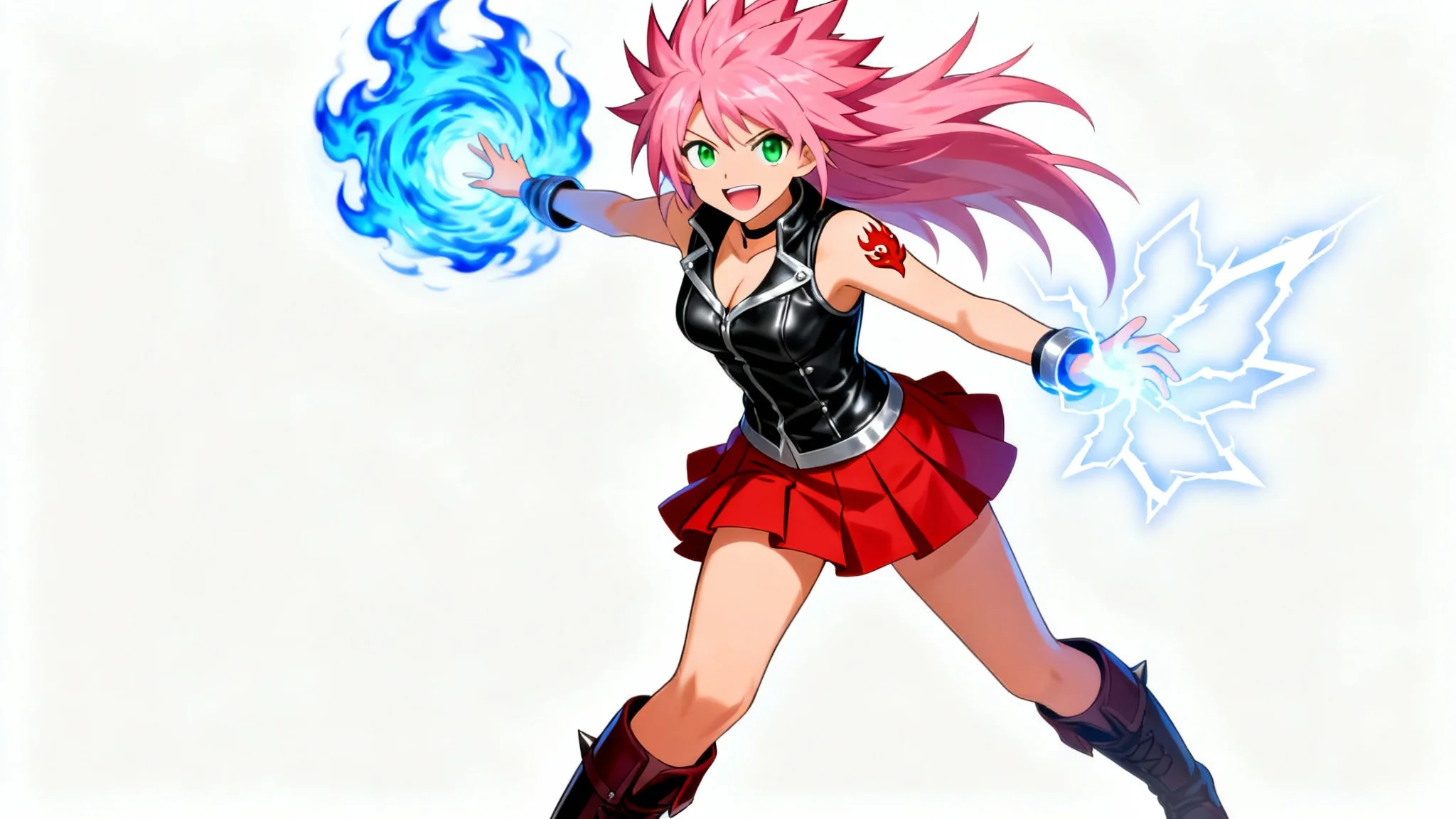 A full-body anime portrait of a female wizard with pink hair and a Fairy Tail guild mark, conjuring fire and lightning against a plain white background.