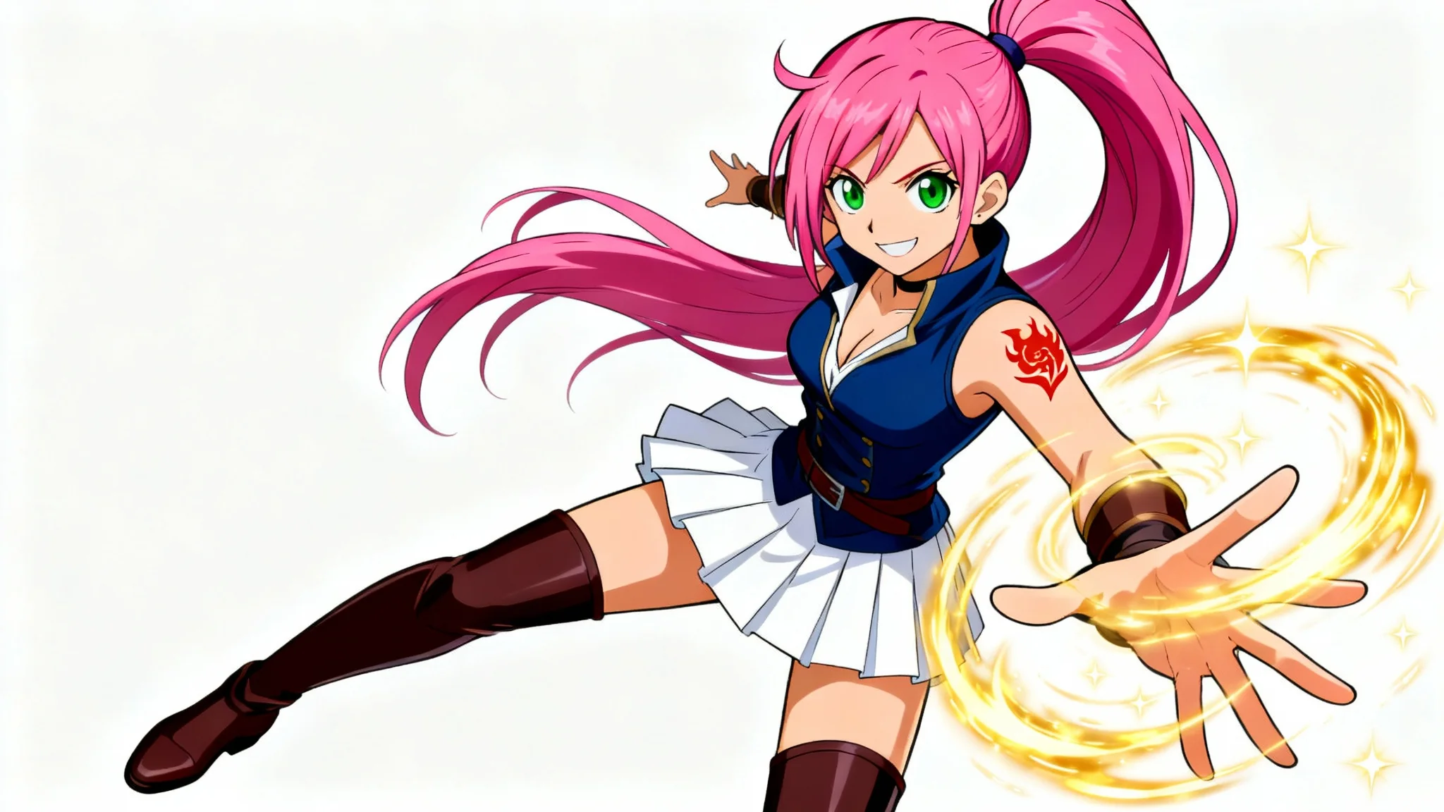 An anime-style illustration of a female wizard inspired by the series Fairy Tail, posing dynamically against a white background with glowing magic in her hand.