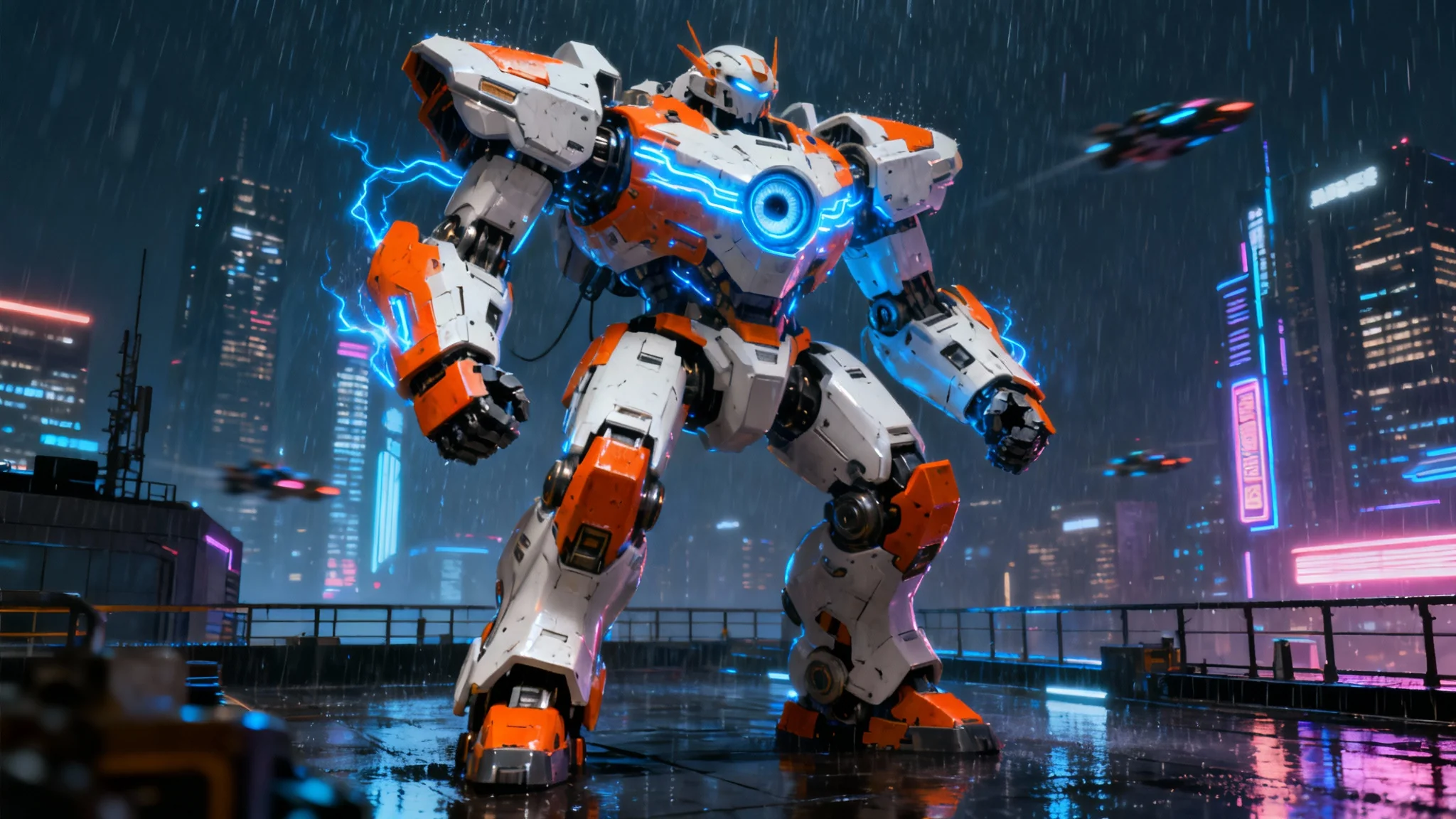 A powerful, futuristic mecha suit in white and orange armor stands heroically on a rainy city rooftop at night, with its glowing blue eye and a neon cityscape behind it.