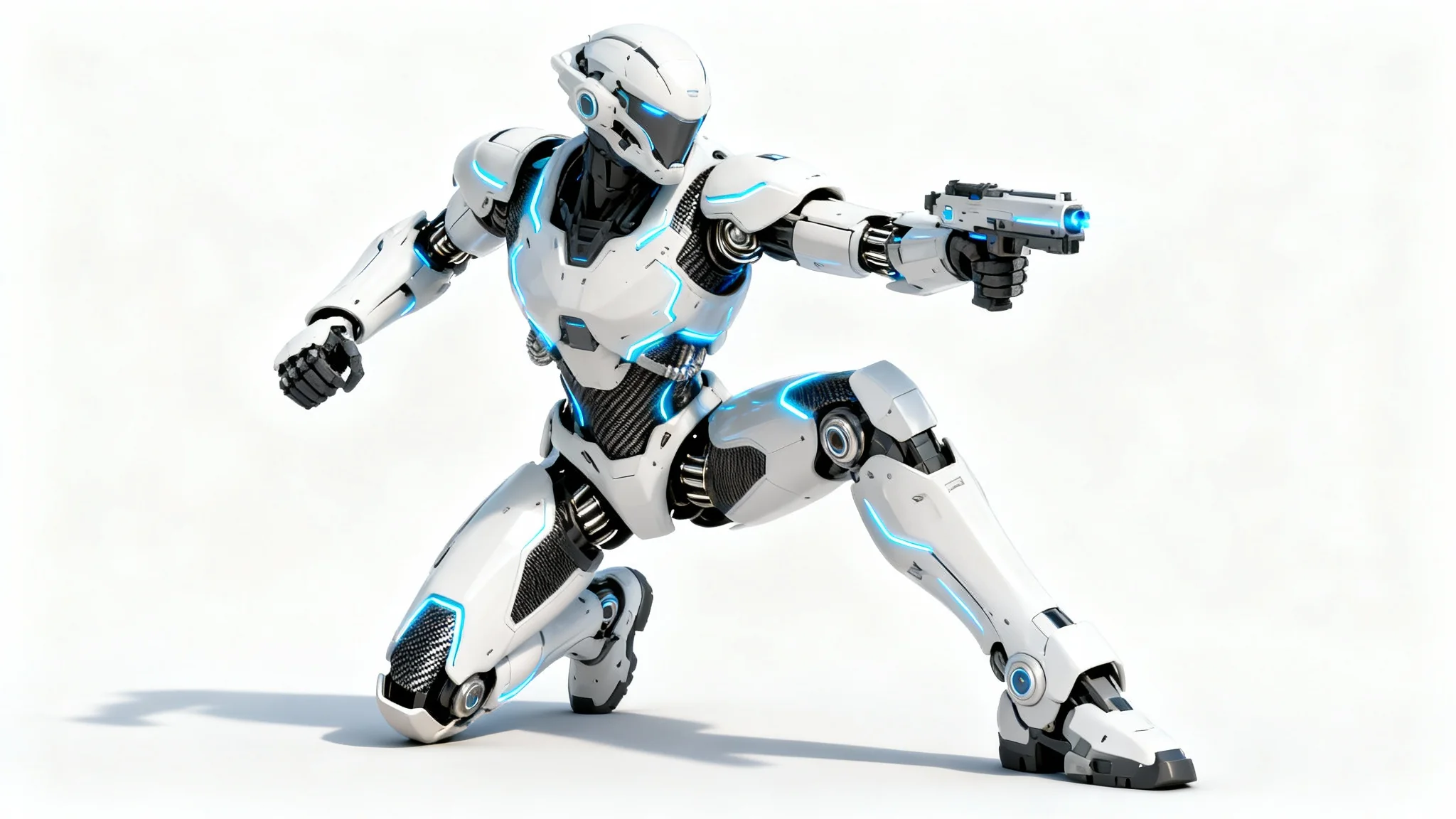 A photorealistic image of a futuristic white and carbon fiber mecha suit standing in a dynamic pose against a solid white background, showcasing its intricate design and advanced technology.