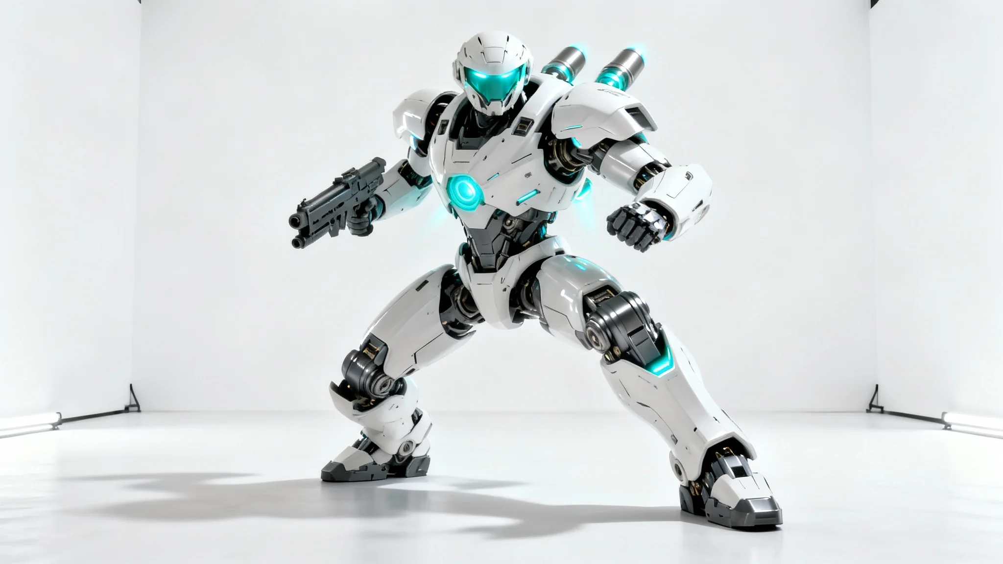A photorealistic rendering of a sleek, white and gunmetal gray mecha suit standing in a dynamic pose against a solid white background, with glowing cyan lights.