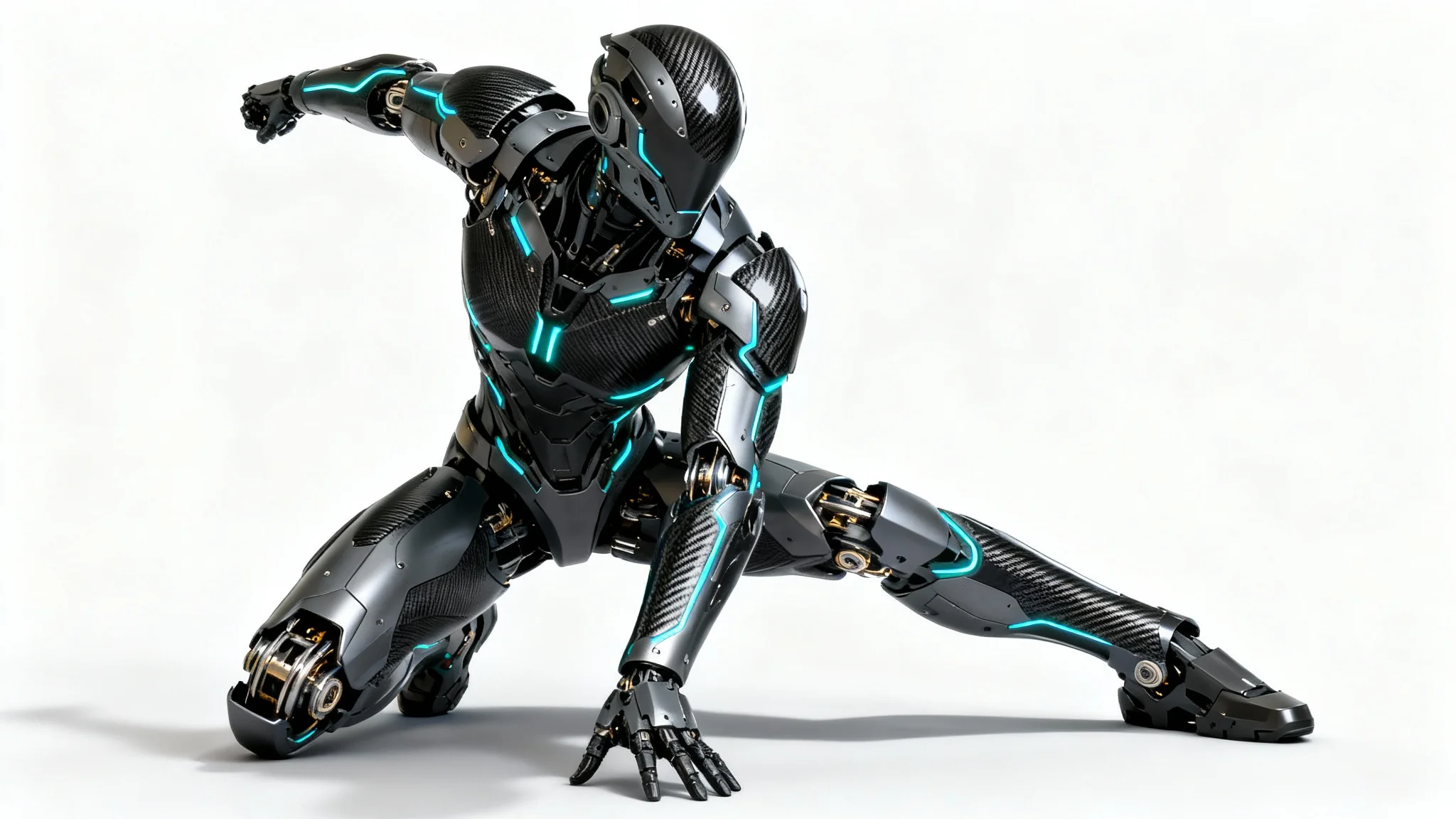 A futuristic, powerfully built mecha suit, rendered in black carbon fiber and gunmetal grey, stands in a dynamic pose against a clean white background.