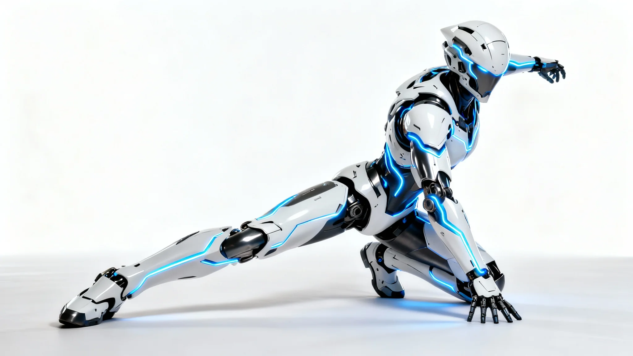 A sleek, futuristic mecha suit in white and gunmetal grey, with glowing blue details, posed dynamically against a stark white background.