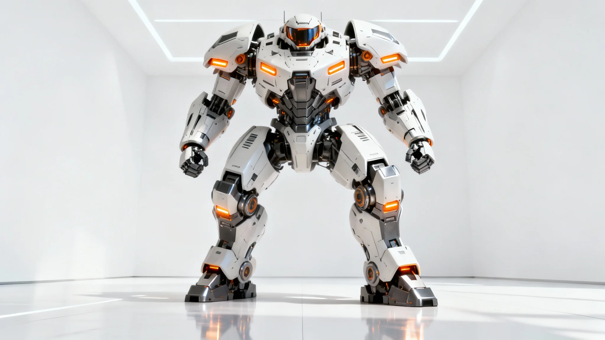 A hyper-realistic image of a massive white and gunmetal grey mecha suit with glowing orange lights, standing in a powerful pose on a clean white background.