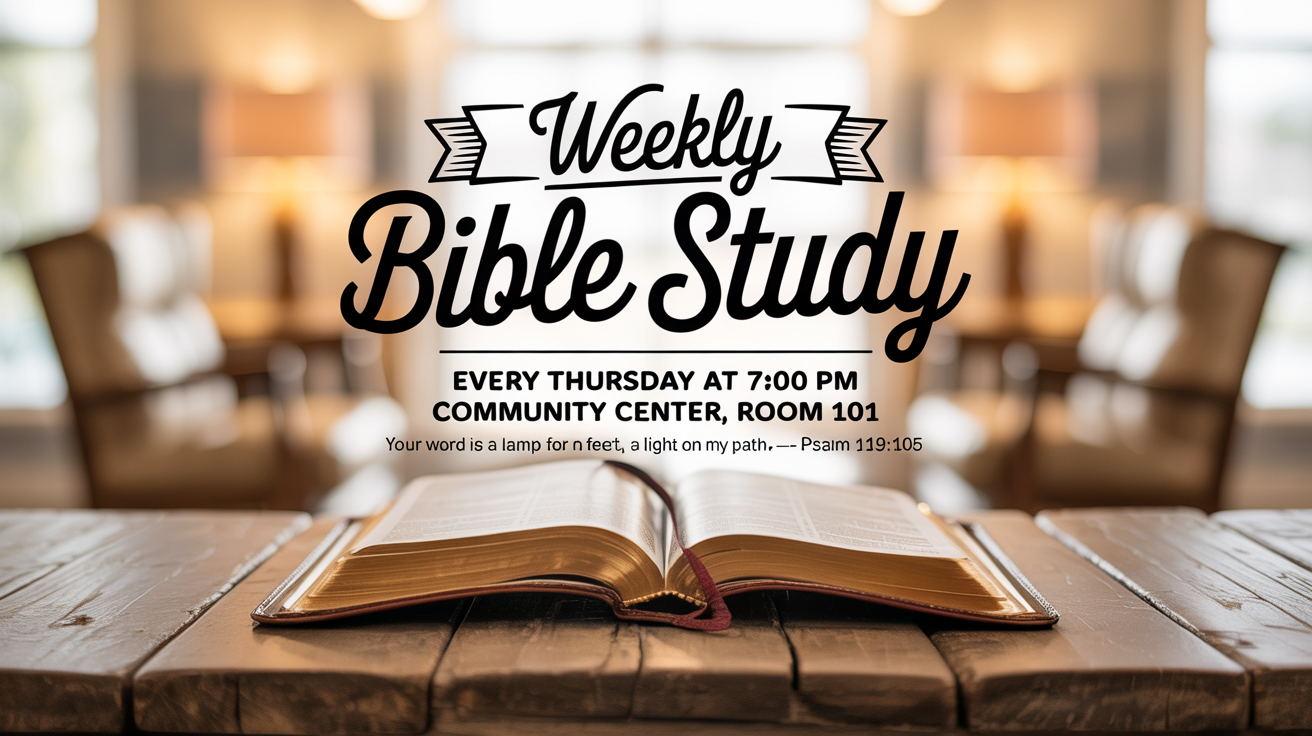 A professionally designed flyer for a weekly Bible study, featuring an open Bible in warm light, with event details and a scripture verse clearly displayed.