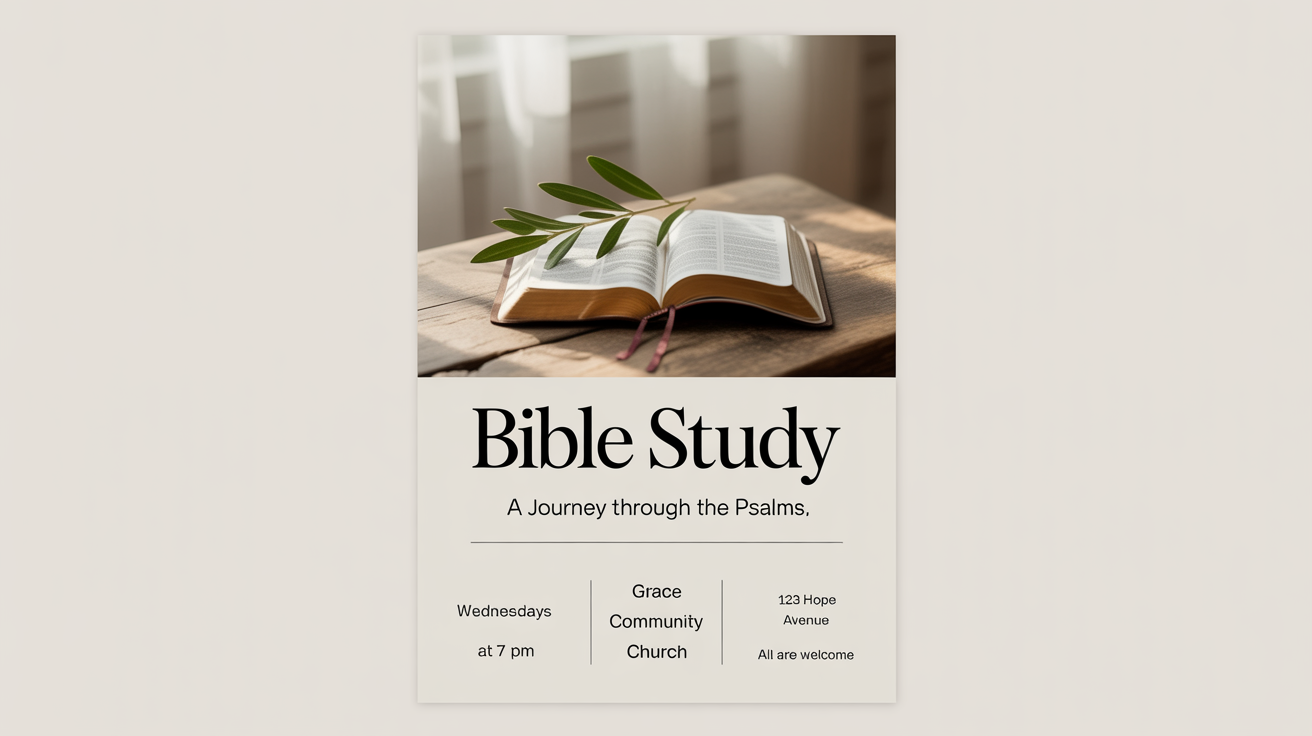 A mockup of a modern and inviting bible study flyer, featuring an open bible and an olive branch, with event details for a weekly study on The Psalms.