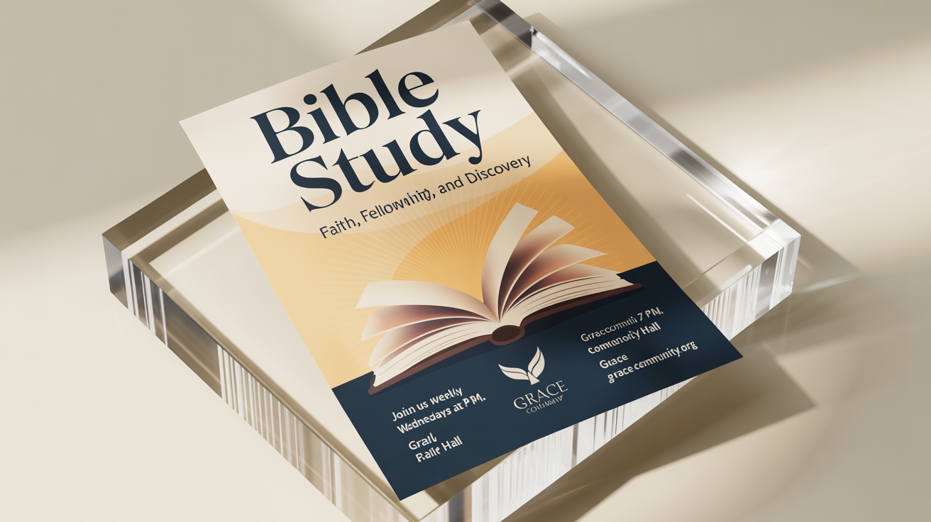 A mockup of a modern and peaceful bible study flyer with an illustration of a glowing book and event details.