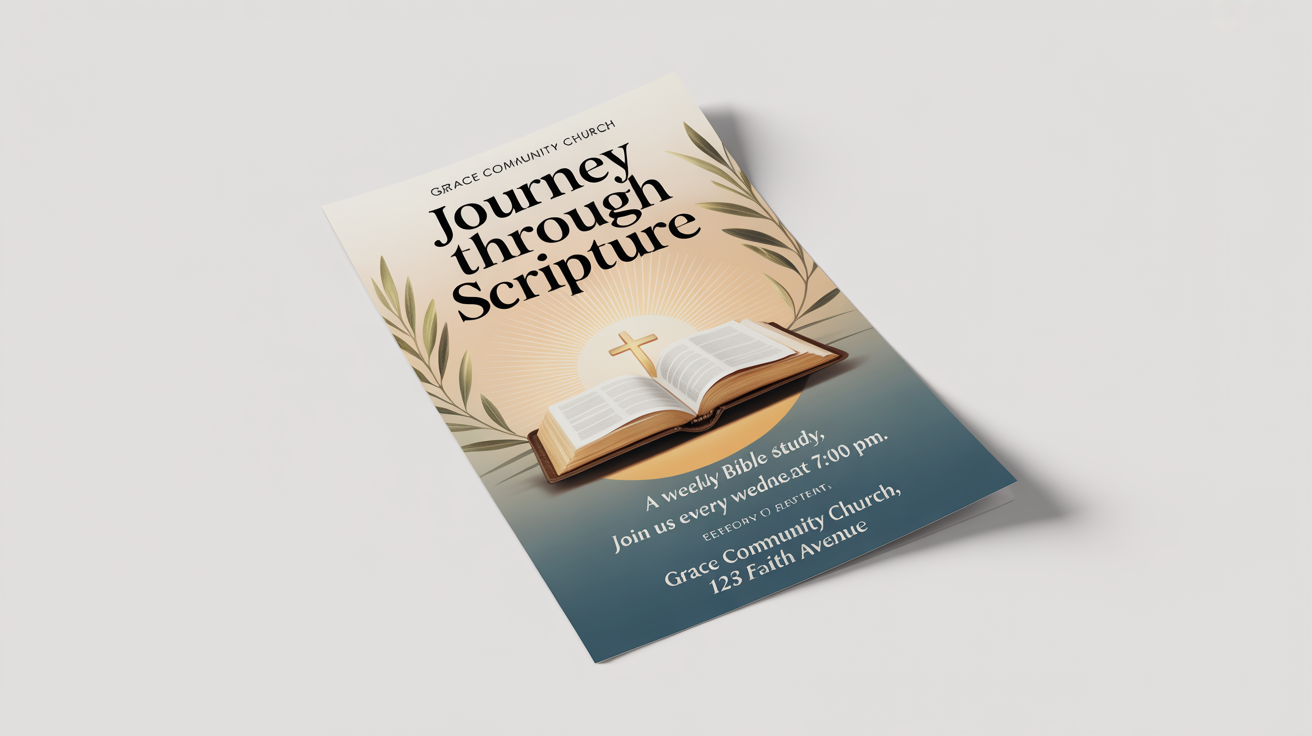 A mockup of a Bible study flyer on a white background. The flyer features an illustration of an open Bible and text that reads 'Journey Through Scripture, A Weekly Bible Study'.