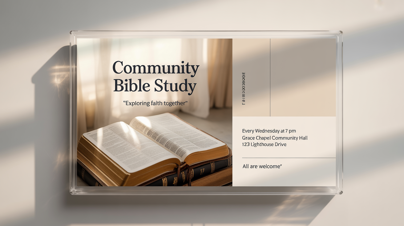 A mockup of a clean and modern flyer for a 'Community Bible Study', featuring an image of an open bible and event details, displayed against a white background.