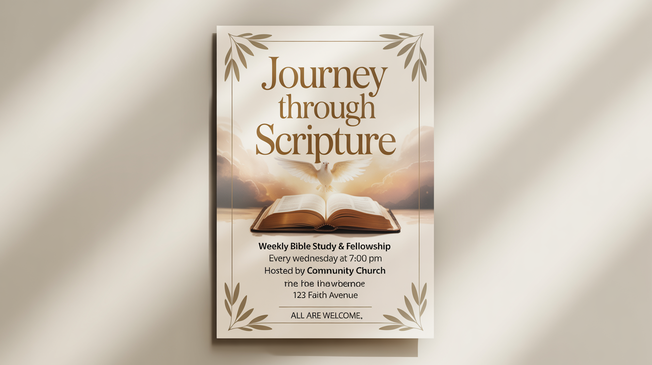 A mockup of a bible study flyer titled 'Journey Through Scripture' on a white background. The flyer has an elegant design with an open bible, light rays, and event details.