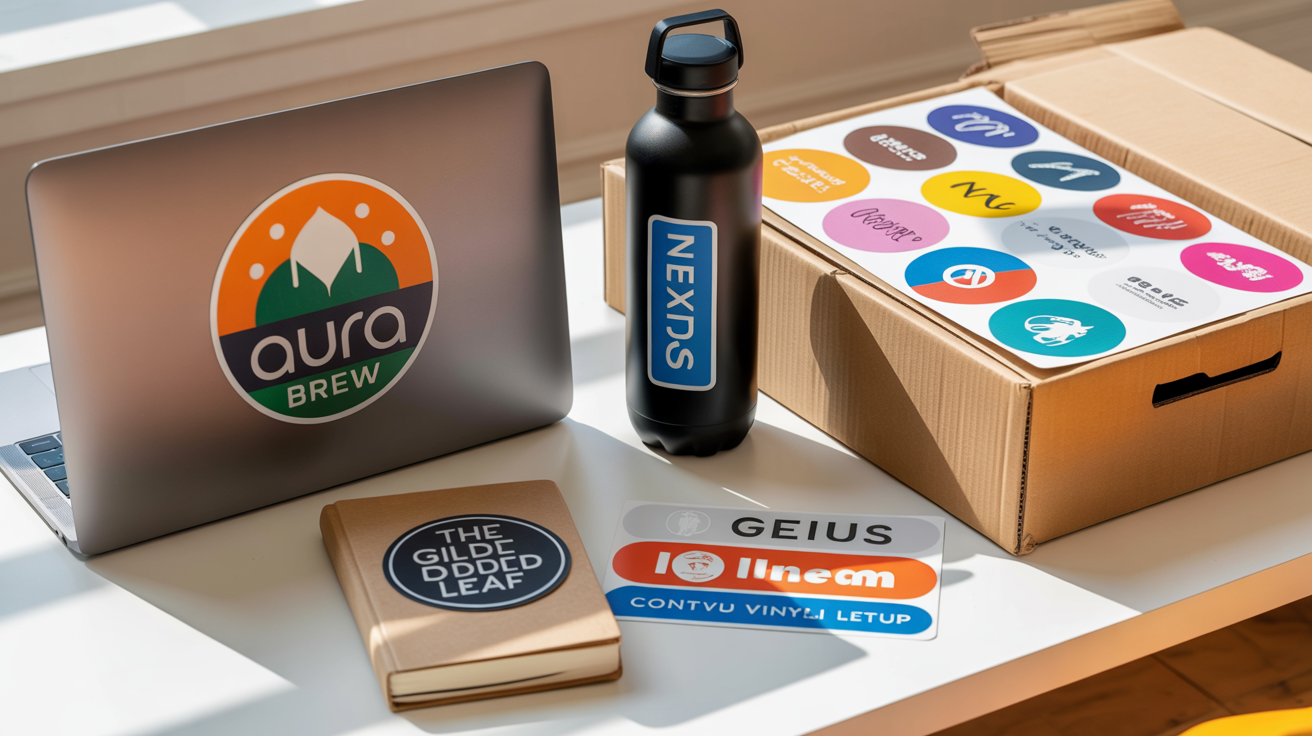 A hero image showing a collection of high-quality, custom-printed brand stickers applied to various products like a laptop and water bottle, demonstrating the final result of a sticker design tool.