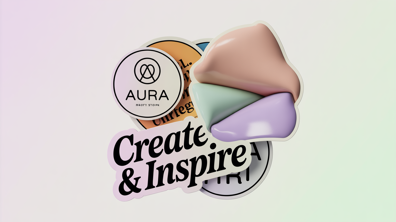 A collection of modern, glossy brand stickers with fictional brand names like 'Aura' and slogans like 'Create & Inspire', scattered on a white background.