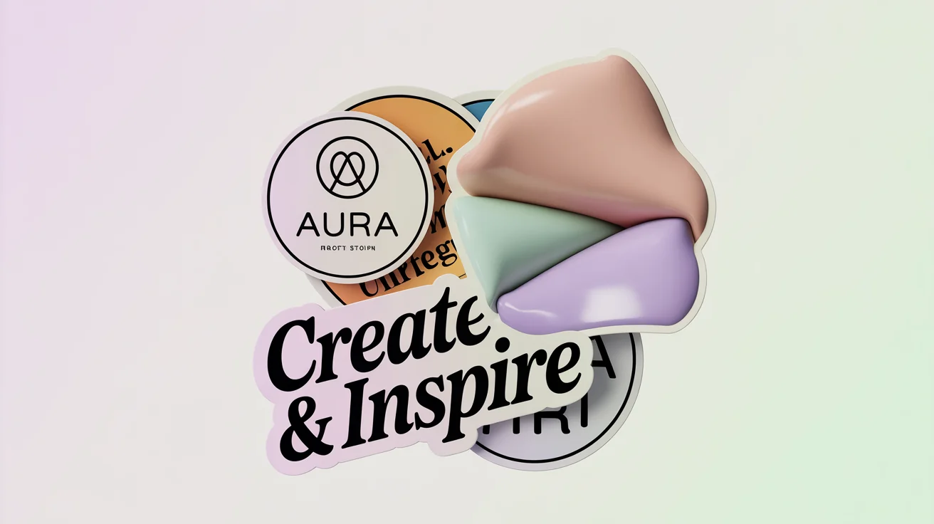 A collection of modern, glossy brand stickers with fictional brand names like 'Aura' and slogans like 'Create & Inspire', scattered on a white background.