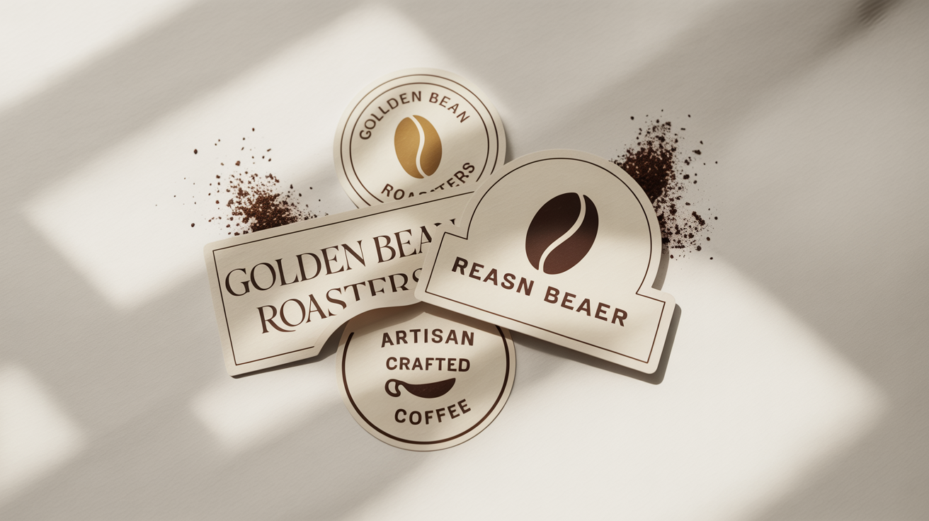 A collection of modern, custom-designed brand stickers for a coffee company called 'Golden Bean Roasters' shown on a clean white surface.