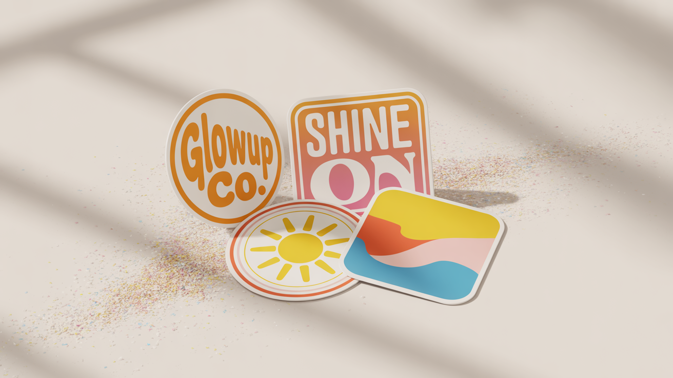 A collection of vibrant, custom-designed brand stickers for a fictional company called 'GlowUp Co.' scattered on a clean white background.