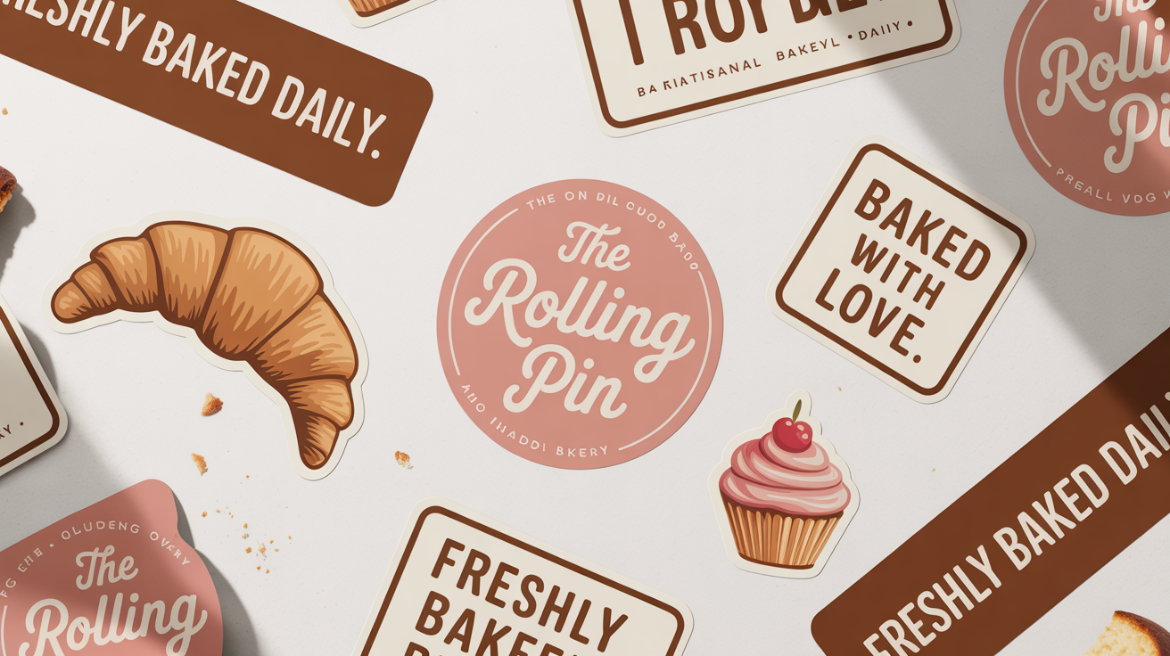 A collection of professionally designed brand stickers for a fictional bakery, 'The Rolling Pin,' arranged on a white background, featuring various shapes and charming illustrations.