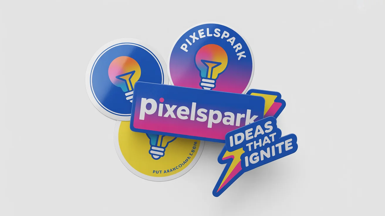 A collection of colorful, custom-designed brand stickers for a fictional creative agency, displayed on a clean white background.